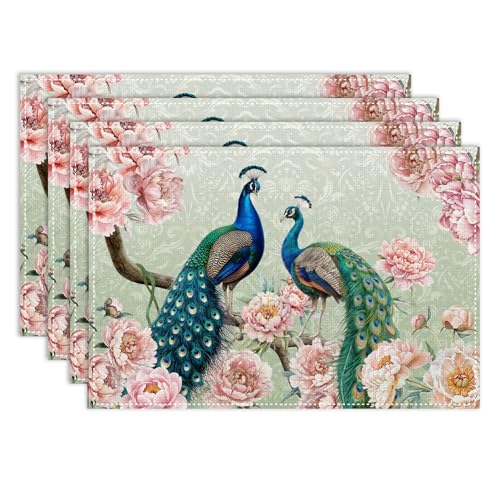 Floral Bird Placemats Set of 4, 12x18 Inch Vintage Peacock Peony Flower Green Baroque Luxury Boho Seasonal Spring Holiday Coffee Table Mats for Party Kitchen Dining Decoration - color: Pm-floral Bird06, size: 4pcs