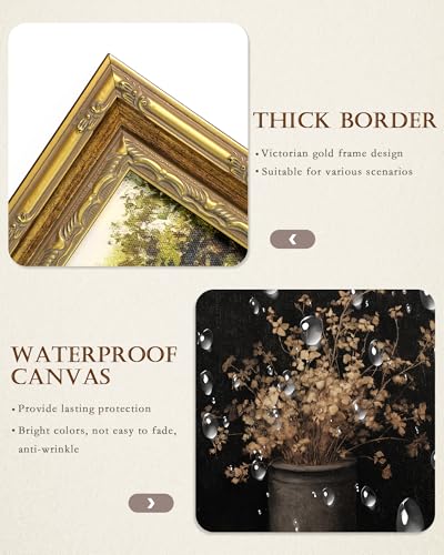 Vodefoad Vintage Floral Gold Framed Wall Art, Moody Fall Dried Flowers Vase Wall Painting, Retro Rustic Botonical Still Life Fall Wall Decor, Dark Moody Wall Art, Antique Still Life Wall Art Artwork Pictures for Gallery Bedroom Kitchen Office Living Room