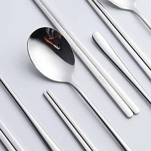Buyer Star 4 Set Silver Korean Chopsticks Spoon Set Reusable Metal Stainless Steel Spoon Chopstix Set - color: silver-flat chopstick and spoon