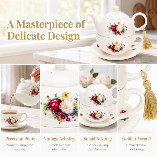 Tea for One with Tassel, 16 OZ Ceramic Teapot Set, Floral Tea Pot with Cup and Saucer, Single Serving Tea Set for Women, Mother's Day, Thanksgiving, Valentine's Day, Wedding, Home Decor