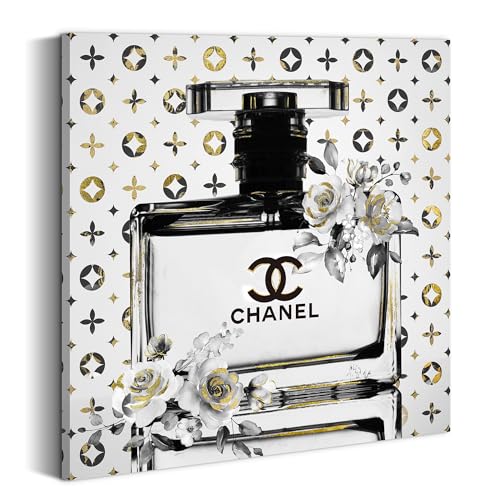 summer melody Chic Perfume Bottles Floral Canvas Wall Art 24x24Inch - color: Black&White, size: 24L" x 24W"