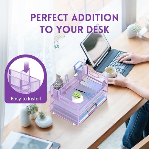 3-Tier Desk Organizer with Pen Holder and Handles, Paper Organizer, Purple - color: Purple