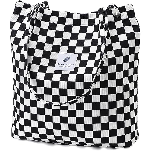 Ayieyill Corduroy Tote Bag for Women Canvas Shoulder Cord Purse with Inner Pocket - color: Checkered