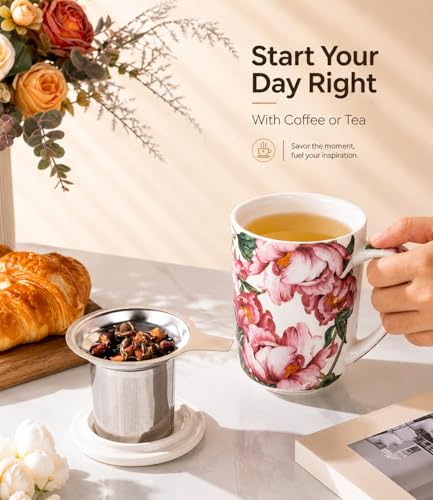 AmorArc Tea Cup With Infuser and Lid, 18oz Loose Leaf Tea Mug With Steeper - color: Colorful Peony