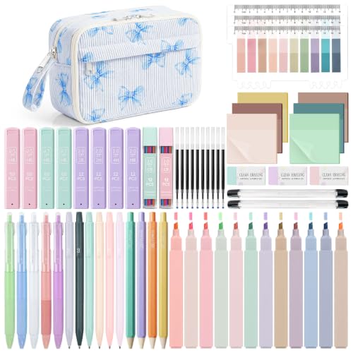 WOBAGMEN 62PCS Aesthetic Stationery Set with Corduroy Pencil Case, Pastel Highlighters Gel Pens Mechanical Pencils, Cute College Daily Essentials Set（Blue Bow） - color: Blue Bow