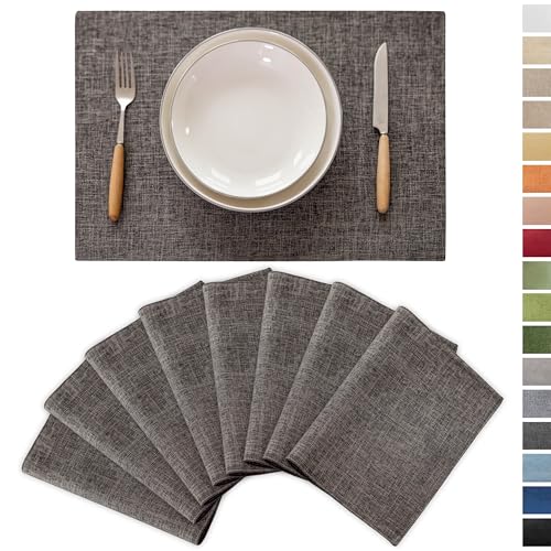 Demetex Grey Linen Placemats Set of 8 Stain Resistant Fabric Place Mats Classic Plate Mats for Kitchen Dining Table Decor, 13x19 inch, Dark Grey - color: Dark Grey, size: Placemats set of 8