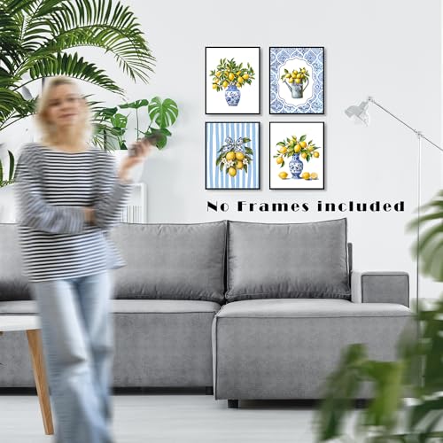 LUKIPOM Chinoiserie Lemon Wall Art Posters Set of 4, Grandmillennial Home Decor, Blue and White Floral Porcelain Lemon Tree Canvas Prints Artwork for Kitchen Wall Decor, 10x8 Unframed - color: Color 003