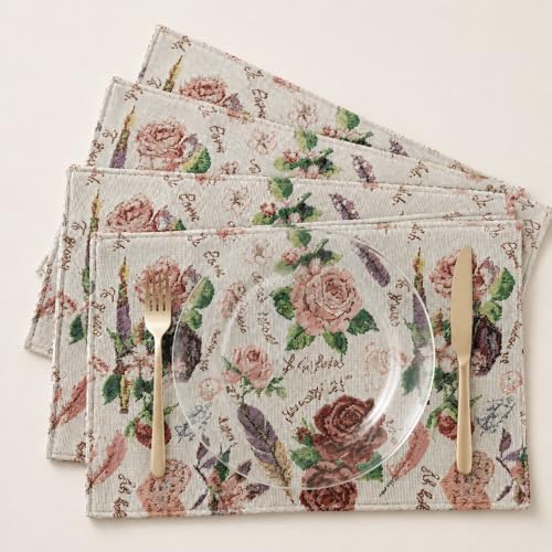 DaDalogy Set of 4-Pieces Authentic Tapestry Placemats - Spring Floral Vintage Looking Love Notes Quil Romantic British Roses - Heart Decorative Woven Dining Under Plate Table Mats - 13” x 19” - color: Love Note