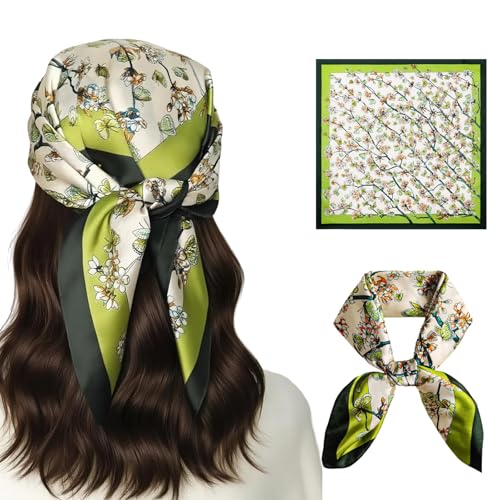 Seawhisper Premium Printed Satin Silk-Like Neck Scarf for Women Square 26" - color: Green2