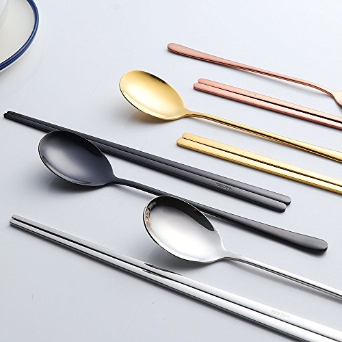 Buyer Star 4 Set Chopsticks Spoon Set, 4 Color Reusable Metal Stainless Steel Korean Chopstix Spoon Set Christmas Gift - color: 4 color A-flat chopstick and spoon