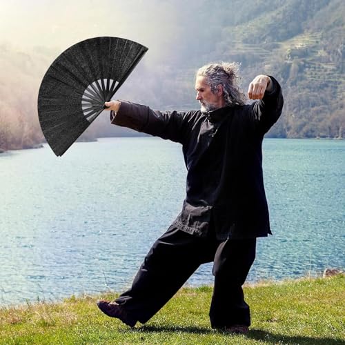 Maitys 2 Packs Large Folding Hand Fans, 13'', Glitter Black and Gold - color: Glitter Black and Gold