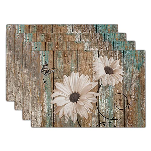 Giwawa Rustic Daisy Board Placemats- White Sunflowers on Vintage Wood Plank Linen Table Place Mat- Farmhouse Wooden Non-Slip Heat Resistant Table Mats for Dining Kitchen Cabin Lodge Decor - color: Daisy Board