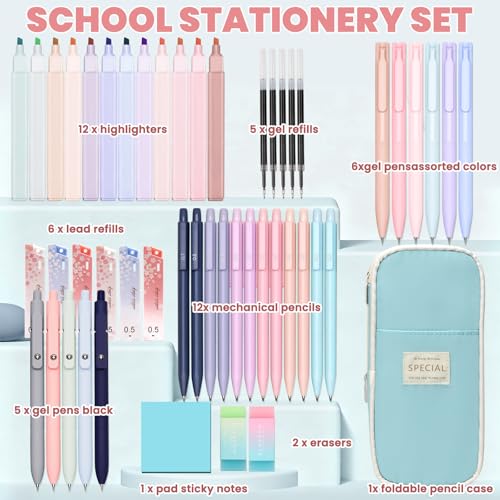 50 PCS Aesthetic School Supplies with Cute Pen Case,12 Pastel Highlighters,5 Black Ink Gel Pens, 12 Mechanical Pencils Set 0.5 & 0.7 mm 6 Color Gel Pens for Students Stationary College Essentials Blue - color: Blue