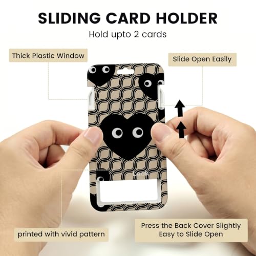 ID Card Badge Holder Key Chain with Metal Keyring, Plastic Slide Open with ID Window for Women Men Girls Students - color: Black Heart