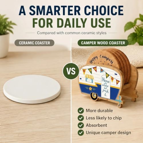 Cool Happy Camper RV Coasters Set of 4 with Holder - color: New Blue