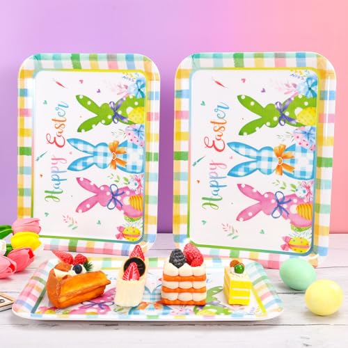 JarThenaAMCS 3Pcs Easter Serving Trays Reusable Serving Dishes Watercolor Pastel Plaid Rabbit Egg Platter for Spring Party Sharing Snacks Fruits Dessert, 13 x 10 Inch - style: Easter