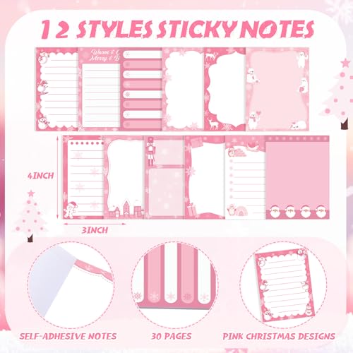Chiisong 12 Pcs Christmas Sticky Notes Pink Christmas Notepad Santa Snowflake Snowman Self Adhesive Memo Pads Xmas Gift Cute Decorative Notepad Winter Party Favor for Office Winter Holiday Gift - style: Pink Christmas