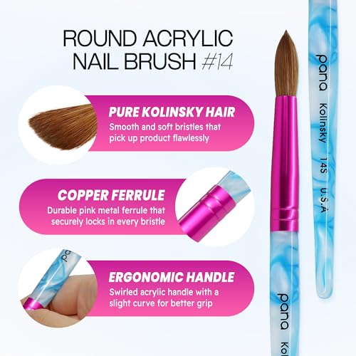 PANA Pure Kolinsky Hair Acrylic Nail Brush - Round Shape Pink Ferrule with White Swirl Blue Handle (Size 14) - color: White Swirl Blue, size: Size 14