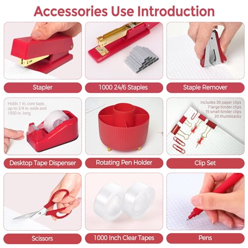 SKYDUE Red Office Supplies Set, Pencil Holder for Desk, Stapler, Tape Dispenser, Scissors,Clips and 1000pcs Staples, Office Decor for Women, Red Desk Accessories - color: Red