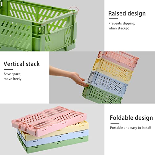 4 Pack Pastel Crates for Storage, Plastic Folding Basket, Colorful Small Storage Containers for Bedroom Office Classroom Bathroom Desktop Drawer Organizer Decor (9.8x6.5x3.8inch) - size: Medium
