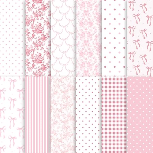 24 Sheets Preppy Pink Bow Scrapbook Paper, Coquette Bow Ribbon and Floral Decorative Craft Paper Folded Flat for Birthday Wedding Baby Shower Card Making Photo Album Decor, 12'' x 12''