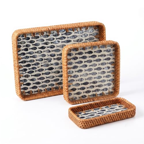 Handwoven Rattan Tray Set of 3 with Mother of Pearl Black Fish Inlay - color: Black Fish