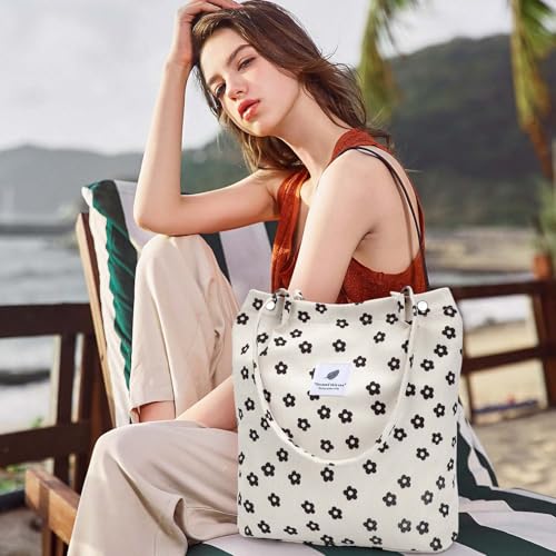 Ayieyill Corduroy Tote Bag for Women Canvas Shoulder Cord Purse with Inner Pocket - color: Black Flower