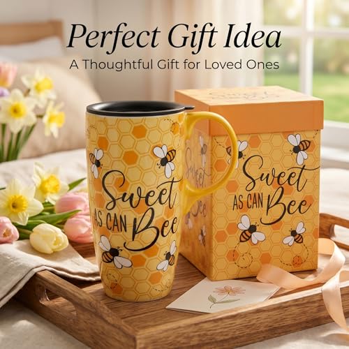 Topadorn 17oz Ceramic Travel Mug with Lid & Gift Box, Honey Bee Coffee Mug - color: Bee & Text