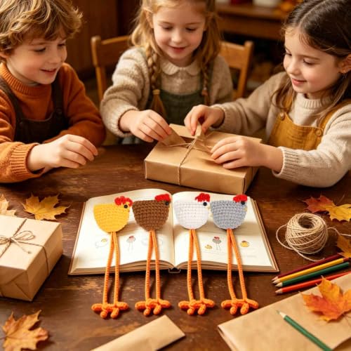 4 Pack Fall Crochet Chicken Bookmarks Chick Book Marks for Reading Gifts - color: Colorful Chicken