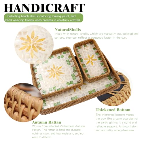 Rectangle Rattan Serving Tray with Mother of Pearl Inlay, Handmade Wicker Coffee Table Basket for Fruit Bread Food Tea Party Picnic Table Kitchen Home Boho Decor 3 Sizes (Yellow Flower) - color: Yellow Flower