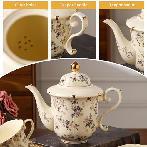 TATSUMI Country Roses Porcelain Tea Set, European Ceramic tea set for adults,Vintage Style, For Women and Tea Parties (Yellow, 13 Pieces Set) - color: Yellow, size: 13 Pieces Set