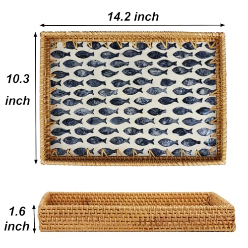 Rectangular Rattan Serving Tray with Mother of Pearl Inlay, Black Fish - color: Black Fish