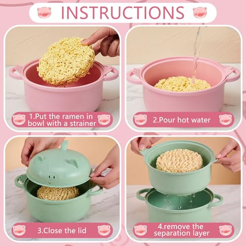 2 Sets 45oz Cute Pig Ramen Bowl Microwavable Pink, Nordic Green - color: Pink,Nordic Green