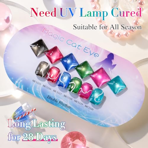 Double Rhythm Cat Eye Gel Nail Polish Set of 6 Same Color Same Bottle 0.5 Oz Shimmer Glitter with Magnet Holographic Reflective Magnetic UV Polish Kit at Home (Black Red Green Navy-T6-44) - color: Black Red Green Navy