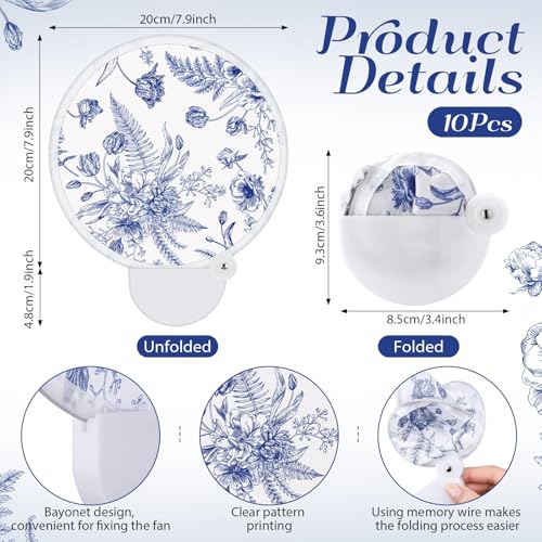Roowest 10 Pcs Blue Chinoiserie Floral Folding Hand Fans with Bag Handle