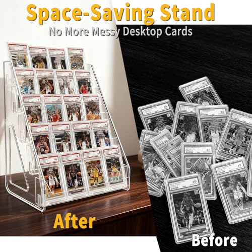 2 Pack 3-Tier Greeting Card Display Stand – Clear Vertical Riser Shelf Rack Holder for Trading Baseball Basketball Sports Graded Game Cards