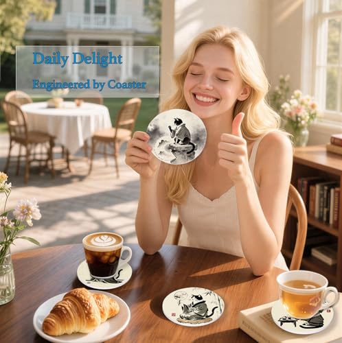 Nikyi 6 Pcs Japanese Cat Art Ceramic Drink Coasters, Absorbent Round Coaster with Cork Base & Metal Holder, Asian Ink Art Coasters Perfect for Coffee Table Office Home Decor & Housewarming Gifts - color: Japanese Cat Art
