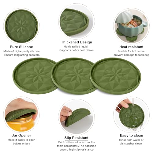 OIAHOMY 8 Pcs Coasters with Holder for Beer, Coffee, Silicone Coaster Set for Table Decor for Kitchen, Bar, Dining Room, Living Room, Housewarming Gifts - Green - color: Green, size: 8Pcs
