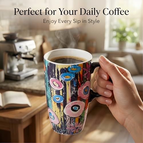 Topadorn 17oz Ceramic Travel Mug with Lid, Abstract Art Coffee Mug - color: Abstract Garden