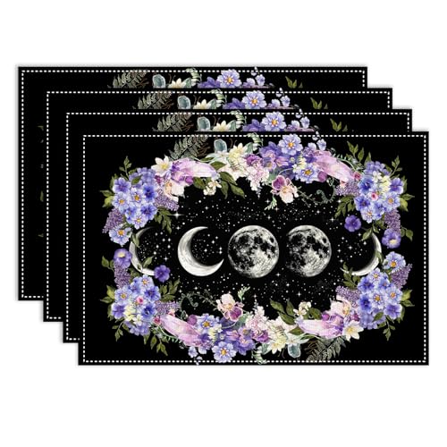 Boho Floral Witchy Moon Phase Purple Placemats Set of 4, 12x18 Inch - color: Pm-floral Moon01, size: 4pcs