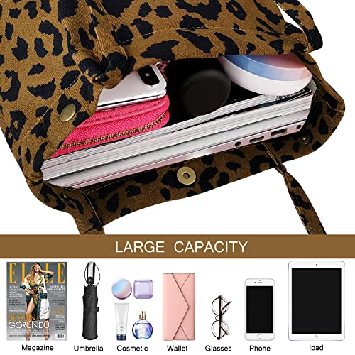 Ayieyill Corduroy Tote Bag for Women Canvas Shoulder Cord Purse with Inner Pocket - color: Brown Leopard