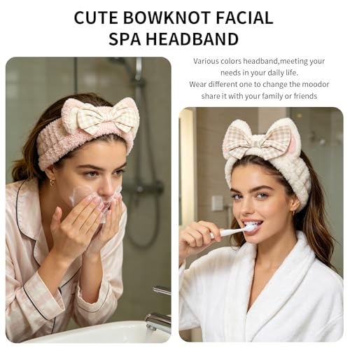 PERFECTSIGHT Kawaii Headband for Spa, Makeup, Washing Face, Party - 2 Pack Cute Cat Ear Hair Band for Shower Beauty Skincare, Soft Facial Headbands for Girls and Women (White+Pink Bow) - color: White+Pink Bow