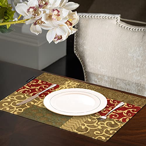 Loom and Mill Luxury Patchwork Damask Placemats Set of 6, Red Gold, 12x18in - color: Red Gold, size: 6 Piece-12x18 inch