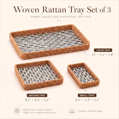 Handwoven Rattan Tray Set of 3 with Mother of Pearl Black Fish Inlay - color: Black Fish