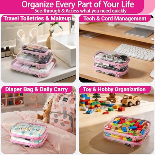 YQBRAO Clear Hard Shell Zipper Cases, 6 Multi-Size Organizers, Pink - color: Pink, size: 6 Pack (2L+2M+2S)