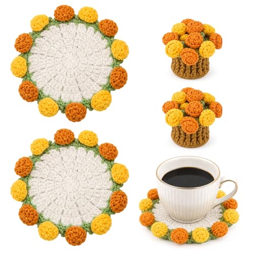 Crochet Flowers Coasters with Basket,Handmade Rose Bouquet Blanket Kawaii Decor Coaster for Desk,Coffee Table,Home Decor,Wedding Gift,Housewarming,Birthda(2Pcs) (Yellow) - color: Yellow