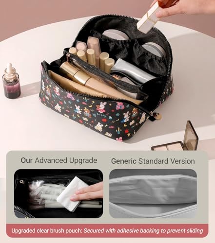 Aveniee Travel Makeup Bag for Women, Large Cosmetic Organizer with Open-Flat Design, Clear Divider & Handle - Waterproof PU Leather Toiletry Case (BunnyPattern) - style: Bunny Bear