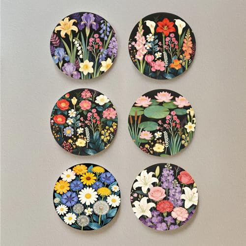 Flower Arrangement Coasters for Drinks with Holder Set of 6, Floral Absorbent Cork Coaster for Cup Desk Office Table Kitchen Decor House Warming Gifts for New Home Couples, Round 4" - color: Flower