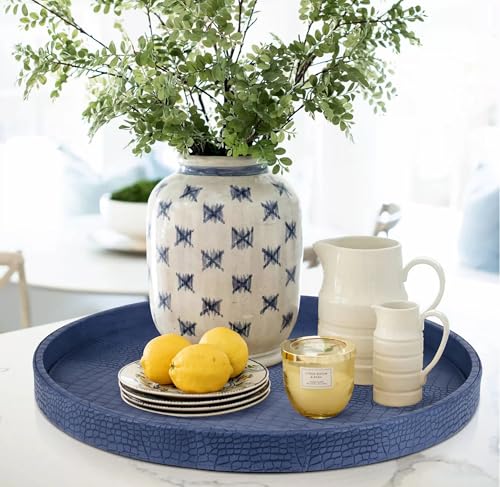 HofferRuffer Round Serving Tray 20'', Elegant Faux Leather Circle Ottoman Table Tray, Serve Tea Coffee Breakfast in Bedroom Living Room Kitchen (Blue, 20") - color: Blue, size: 20"