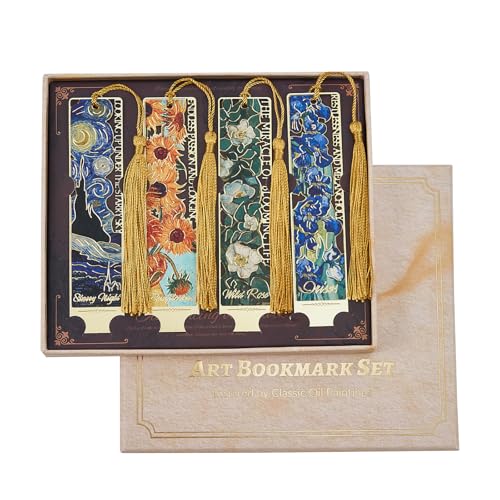 4 PCS Metal Bookmarks with Tassels,Vintage Van Gogh Bookmark,Gift Box Package, Book Lover Gifts for Women Adults Teens Teacher - style: Oil-Painting with Box